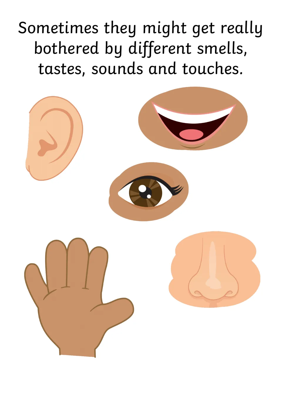 Social story page describes being bothered by smells, tastes, sounds, and touches, illustrated with body parts.