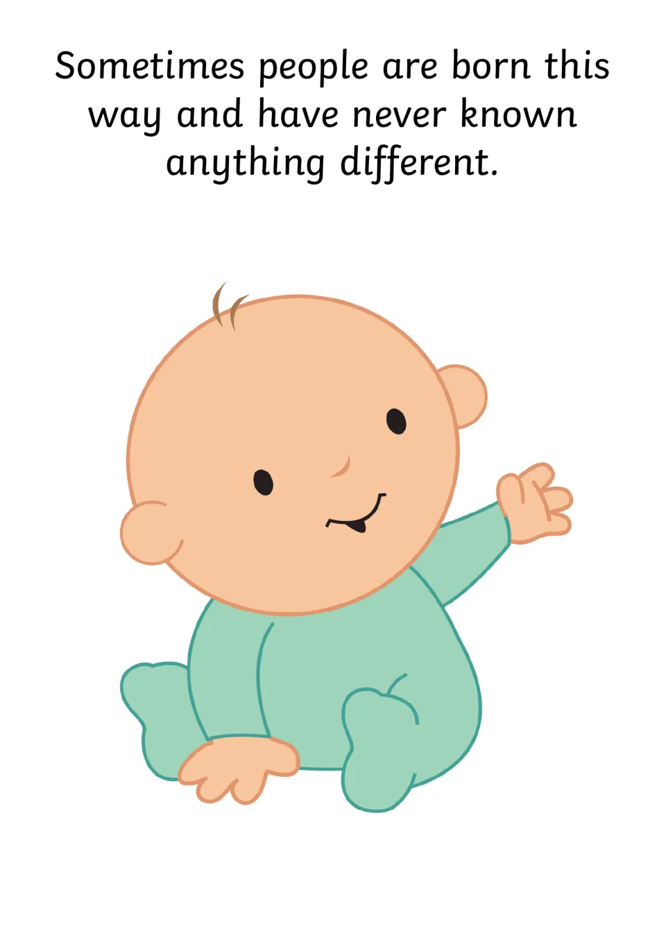 Social story page explaining that some people are born with hearing differences, illustrated by a baby