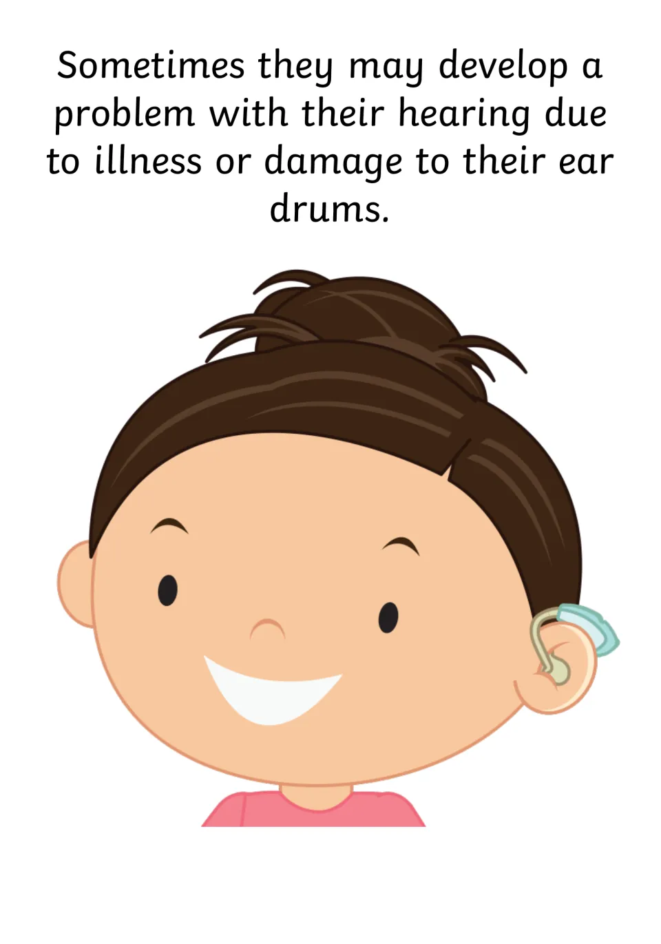 Social story page describing hearing problems due to illness or eardrum damage, with a child wearing a hearing aid