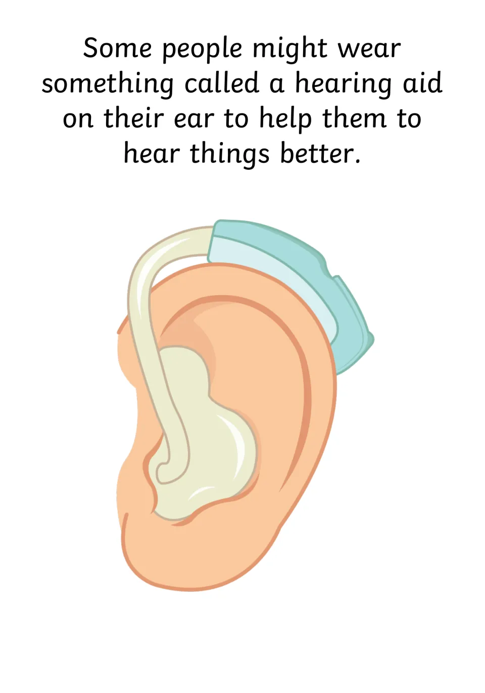 Social story page explaining that a hearing aid can help someone hear better, with an illustrated example