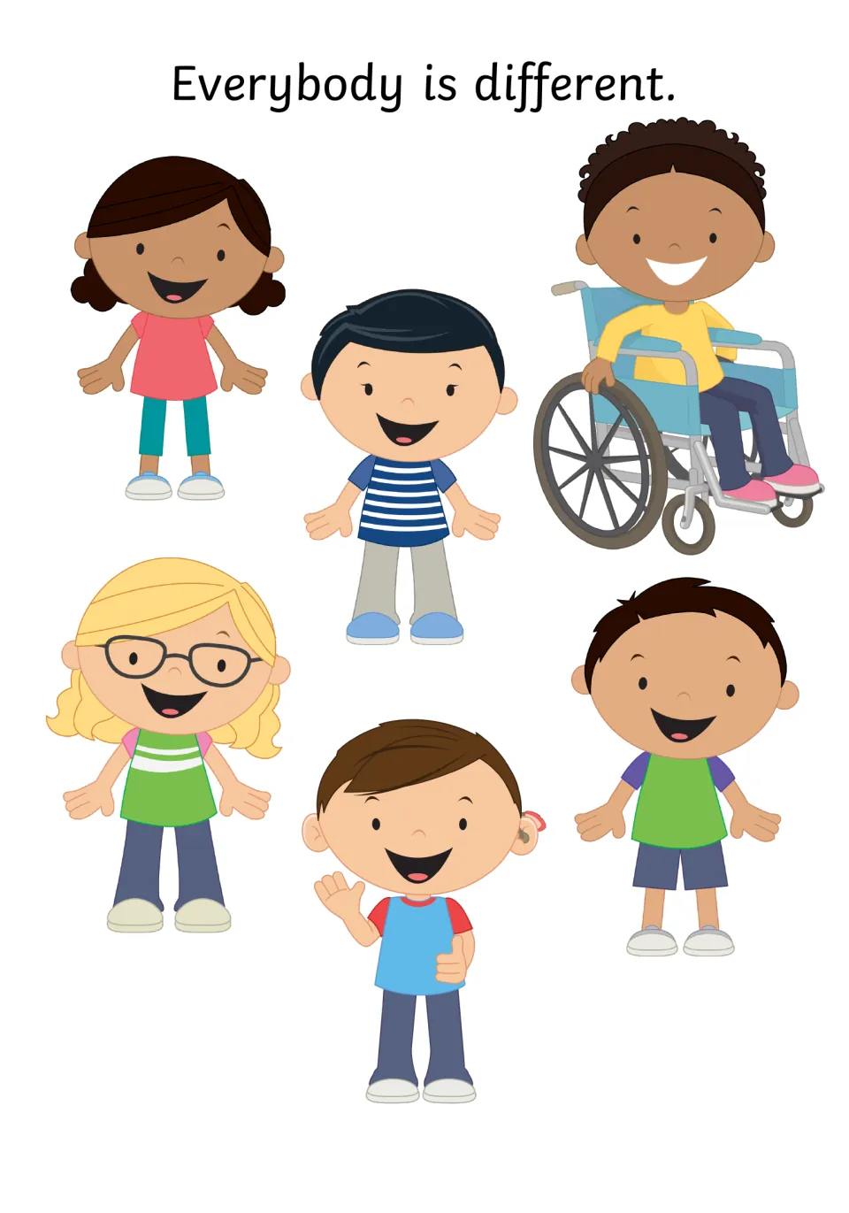 Everybody is different: six smiling children, one using a wheelchair, one with glasses and one with a hearing aid