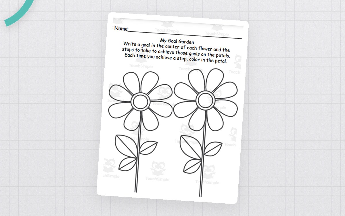 Black-and-white My Goal Garden worksheet with two flowers and directions to write a goal and steps on the petals.
