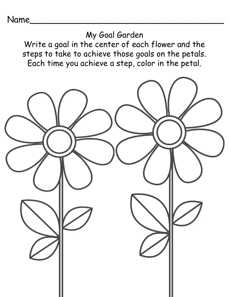 Goal setting: students write a goal in each of two flower centers, steps on the petals, and color petals as steps are met