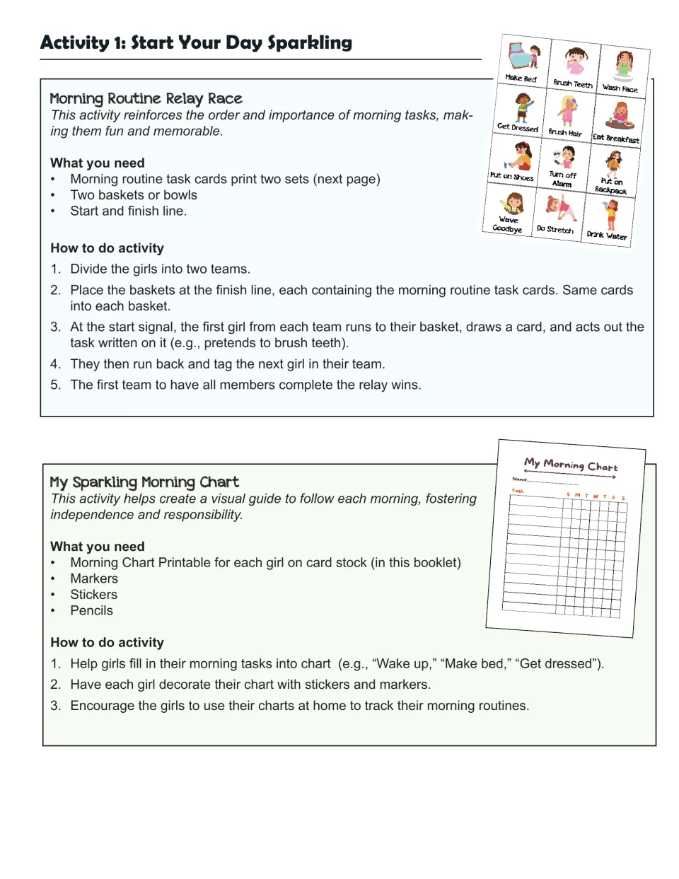 Activity 1, Start Your Day Sparkling: steps for a Morning Routine Relay Race and making a My Sparkling Morning Chart