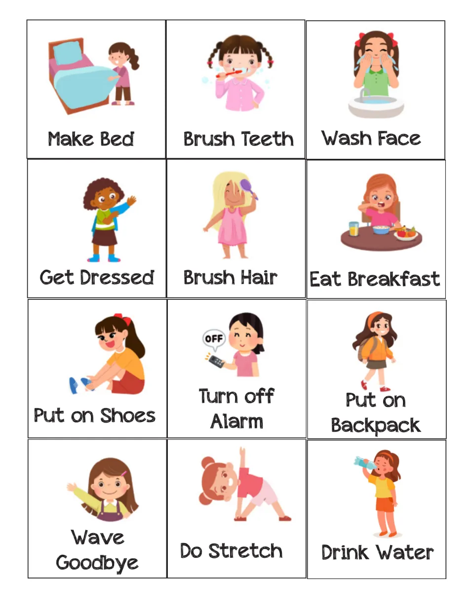 Morning routine task cards: 12 picture cards such as Make Bed, Brush Teeth, Eat Breakfast, Put on Backpack and Drink Water
