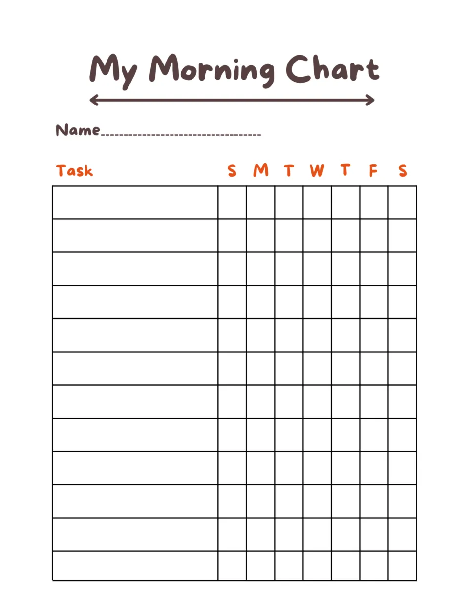 My Morning Chart: children write their name and morning tasks, then track each task for every day, Sunday to Saturday