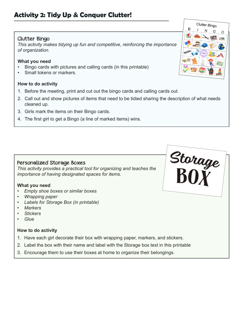 Activity 2, Tidy Up & Conquer Clutter: directions for Clutter Bingo and decorating Personalized Storage Boxes