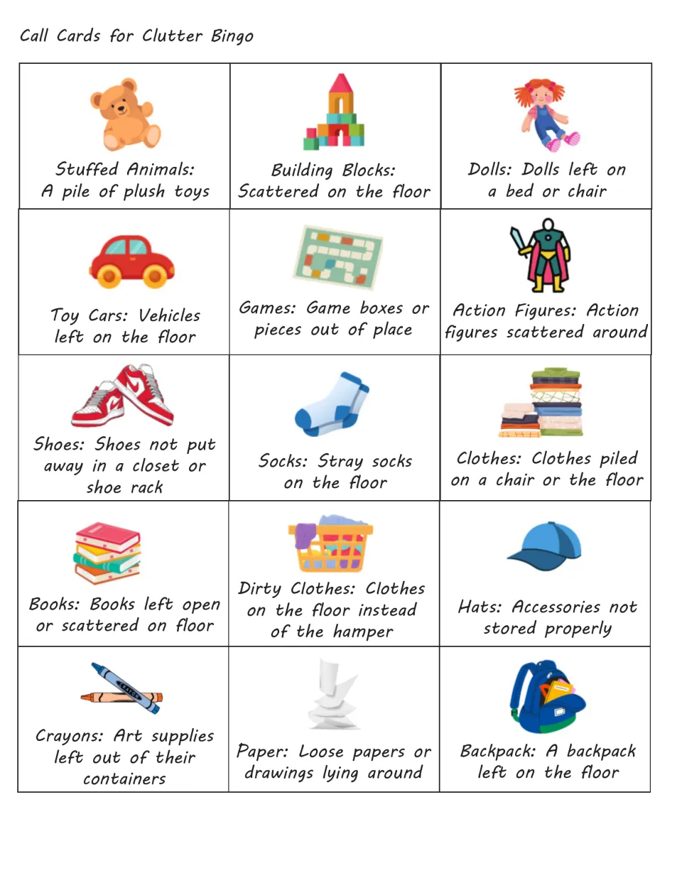 Clutter Bingo call cards: 15 pictured mess items with descriptions, such as stuffed animals, toy cars, socks and backpack