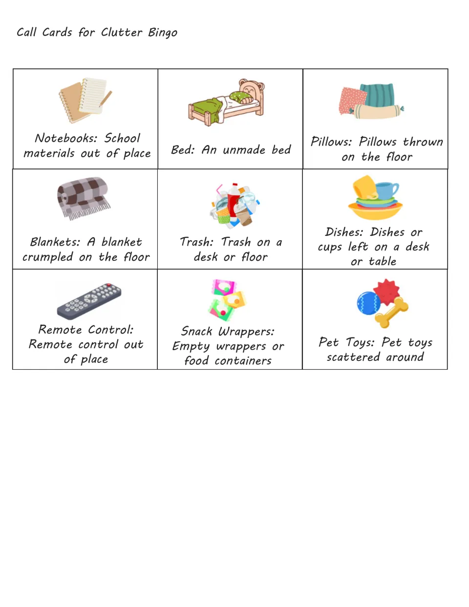 More Clutter Bingo call cards: 9 cleanup items including an unmade bed, pillows, trash, dishes, wrappers and pet toys