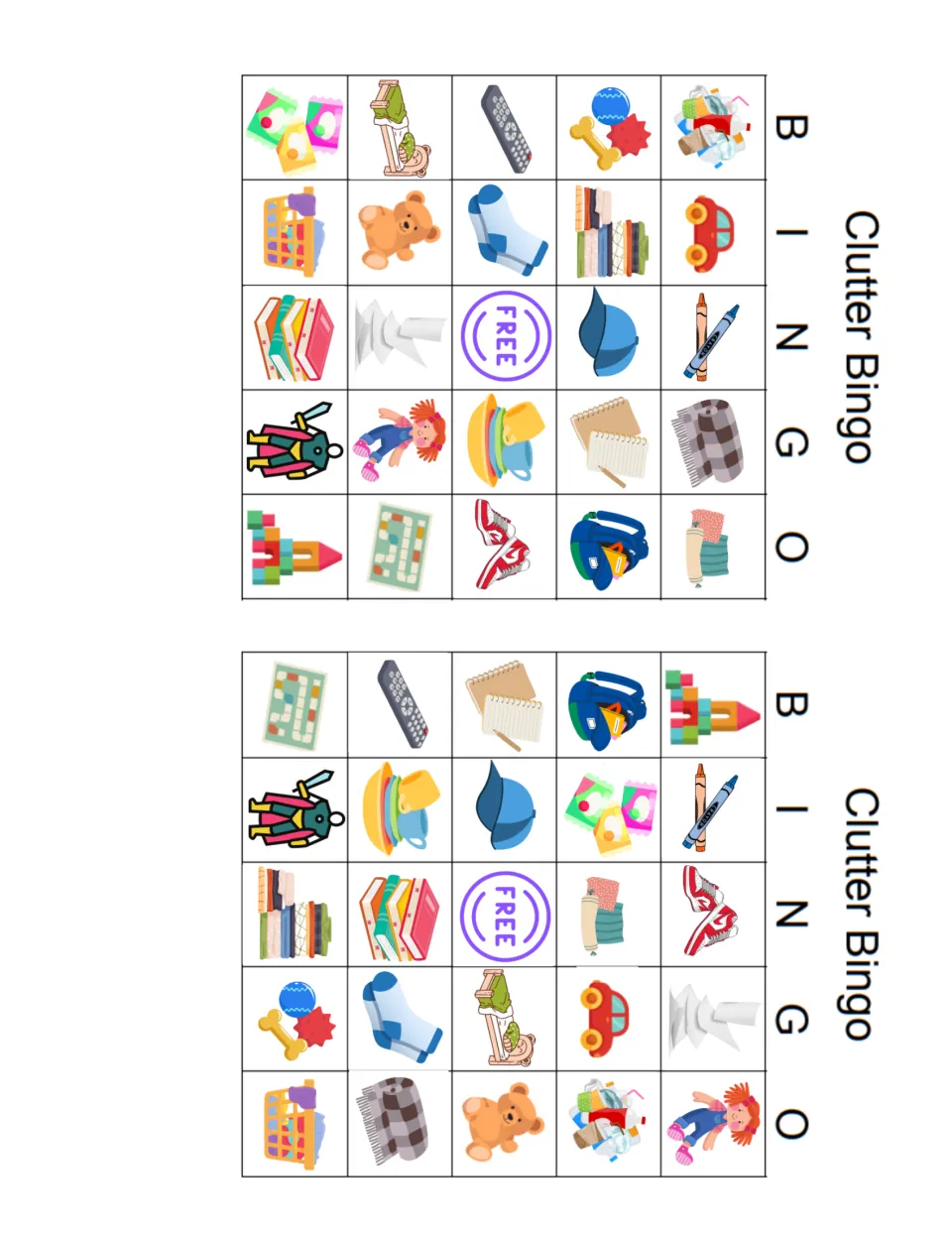 Clutter Bingo boards, first pair: two 5x5 picture cards of messy items like teddy bears, socks and toy cars, FREE center