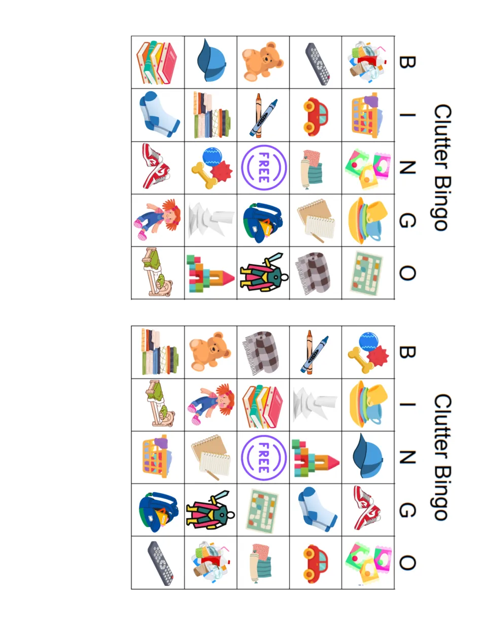 Clutter Bingo boards, second pair: two more cards with the clutter pictures in new orders around the FREE square