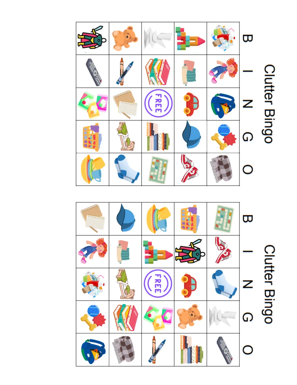 Clutter Bingo boards, third pair: two cards with items such as action figures, crayons and a backpack, FREE center