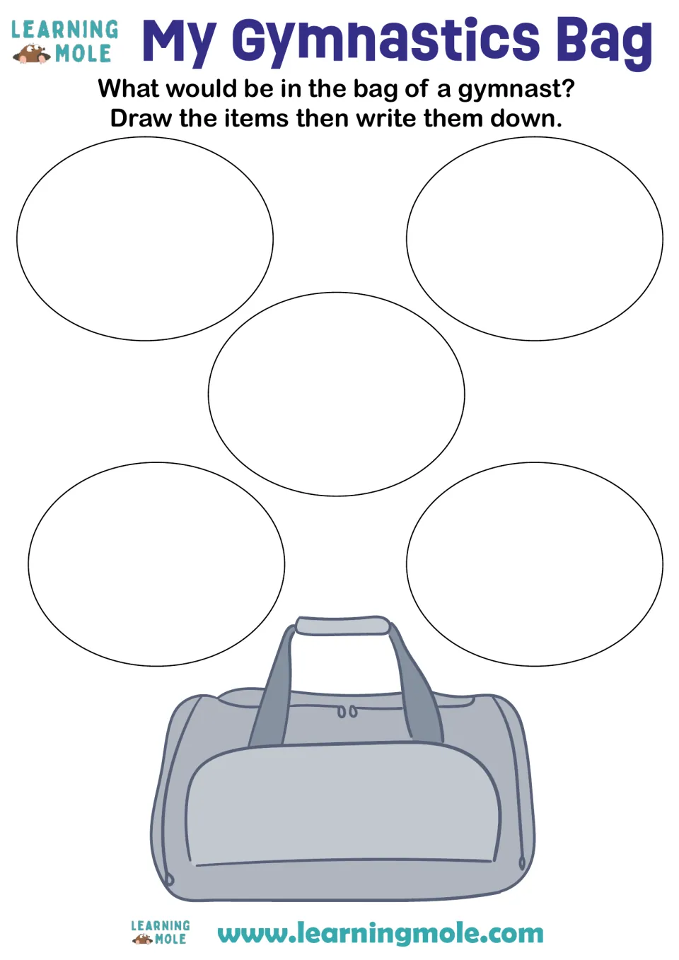 My Gymnastics Bag activity asks students to draw and name five items that would go in a gymnast's bag.