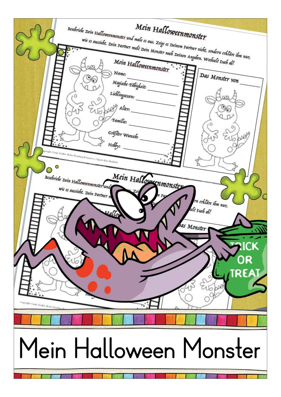 Cover of the German monster activity, showing sample sheets for describing, coloring, and partner drawing.