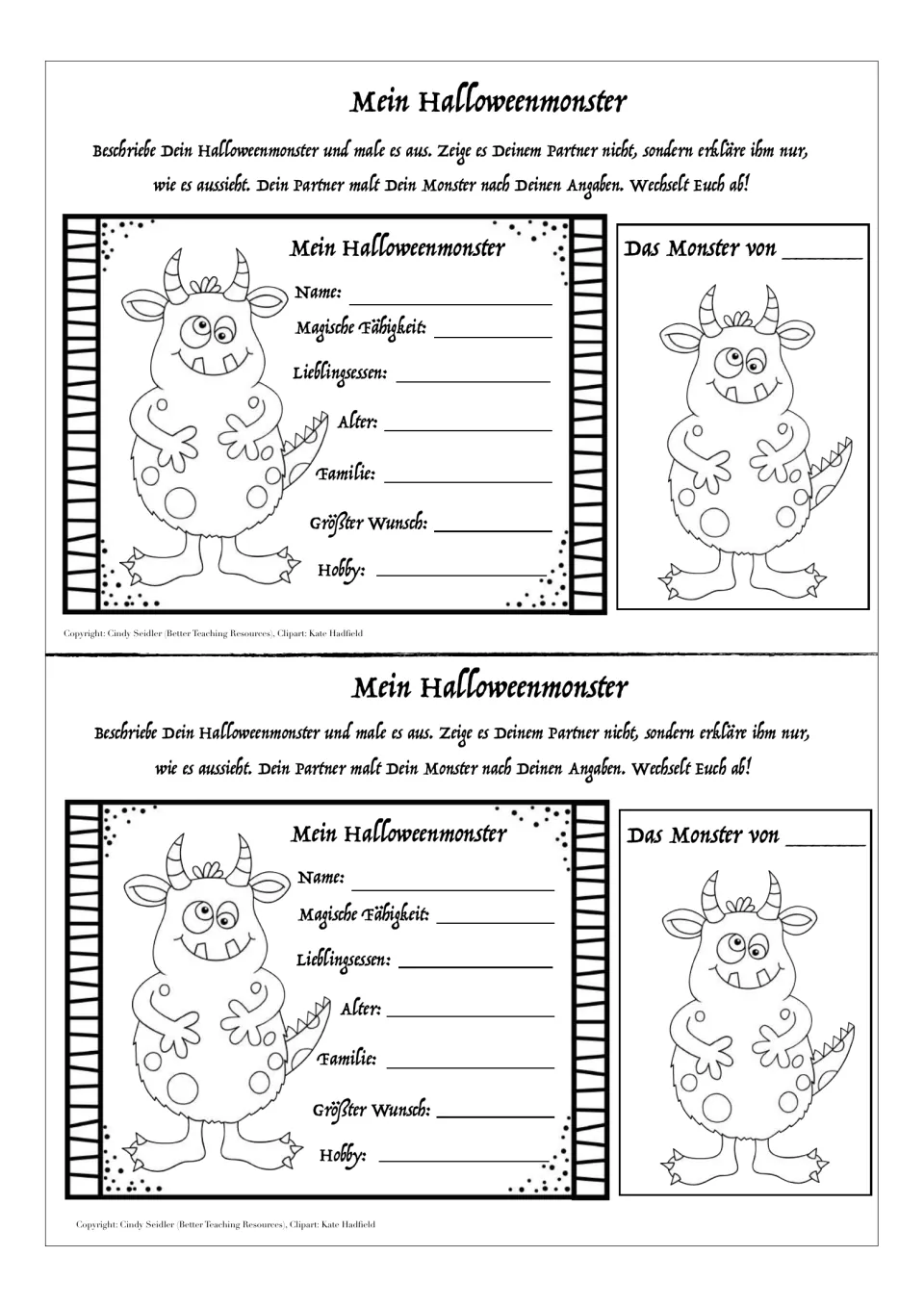 Two copies of the German monster worksheet: name, magical ability, favorite food, age, family, wish, and hobby.