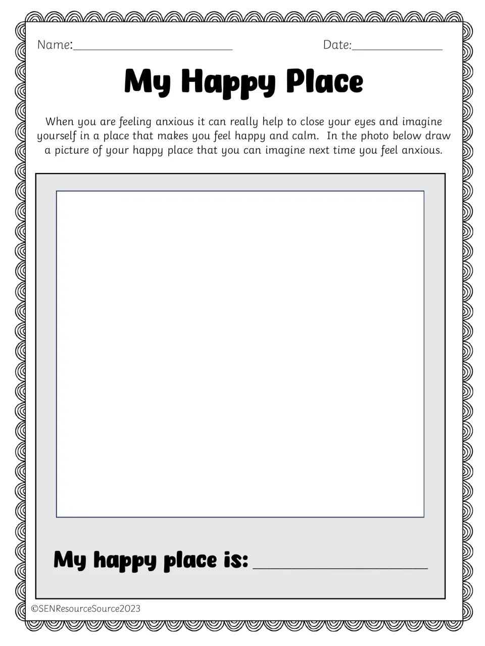 Calming strategy for anxiety: students draw a place that makes them feel happy and calm, then write its name
