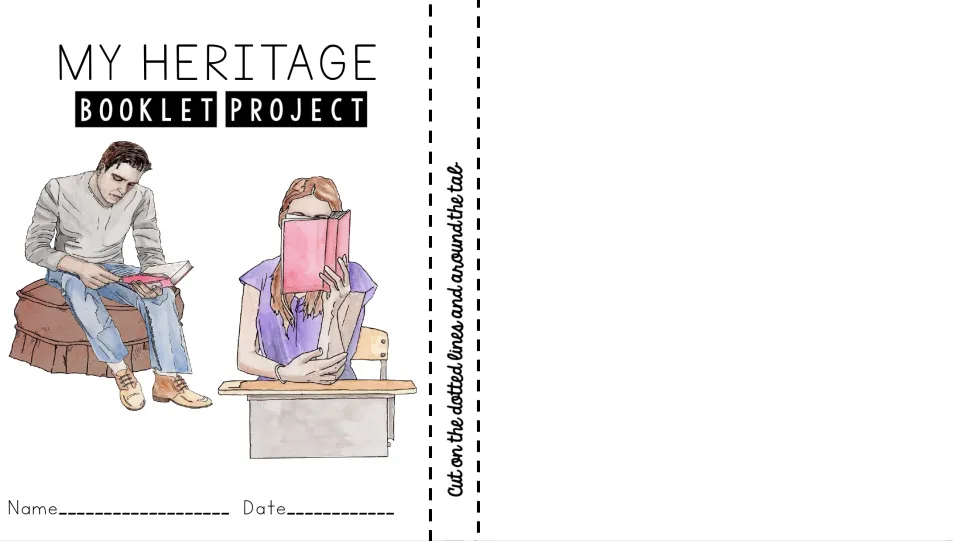 My Heritage Booklet Project cover: watercolor art of two people reading books, with name and date lines for the student