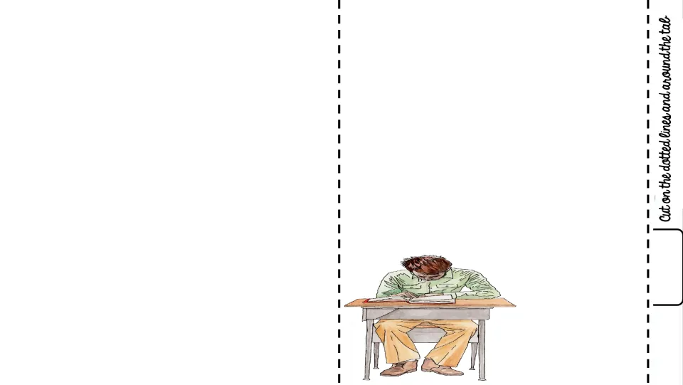 Heritage booklet page with a lower tab and a watercolor of a student bent over a book at a desk, the rest left blank