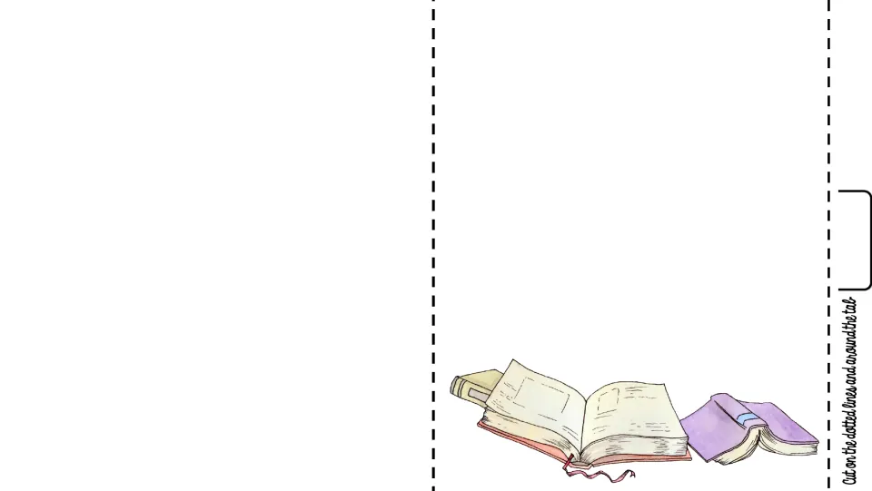 Heritage booklet page with a mid-right tab and a watercolor of open and stacked books, left blank for student work