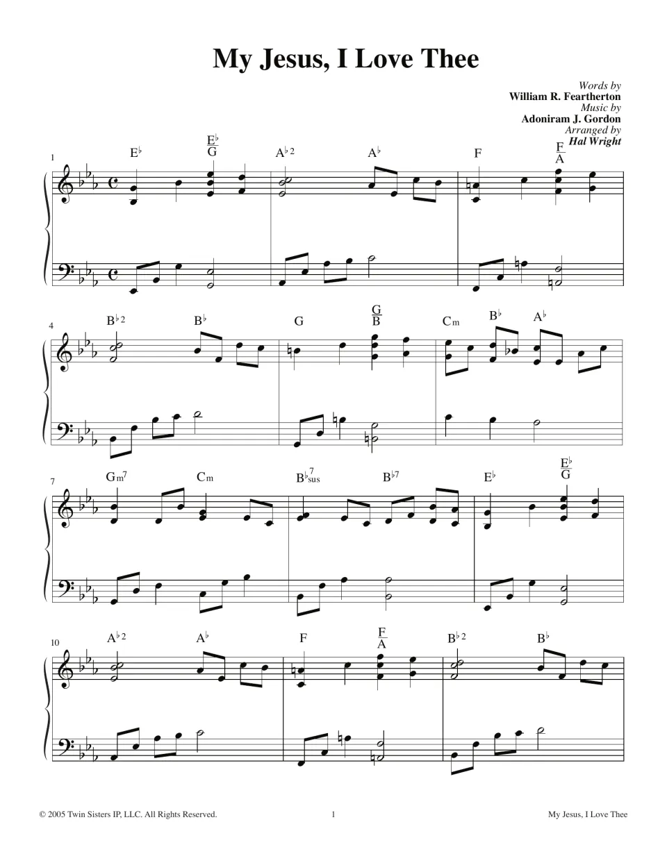 Opening hymn score page: piano introduction in E-flat major, chord symbols, and arranger Hal Wright's credit