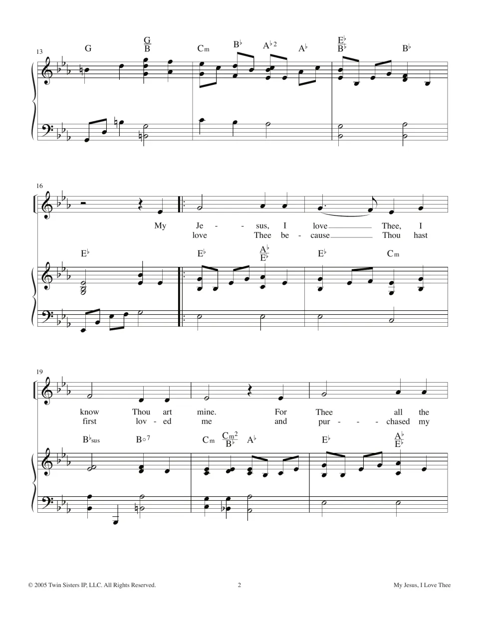 Hymn score page 2: the piano introduction leads into vocal lines for 'My Jesus' and 'I love Thee because'