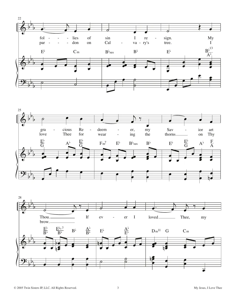Hymn score page 3: two lyric verses continue with 'follies of sin' and 'pardon on Calvary's tree'