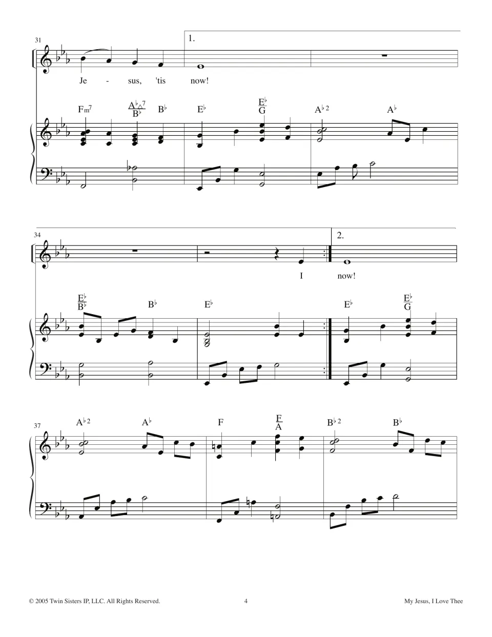 Hymn score page 4: 'Jesus, 'tis now!' leads to first and second endings, followed by a piano interlude