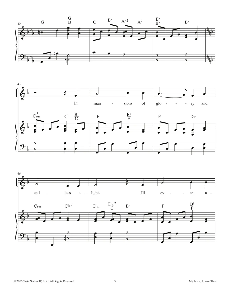Hymn score page 5: a piano transition changes to F major before 'In mansions of glory and endless delight'