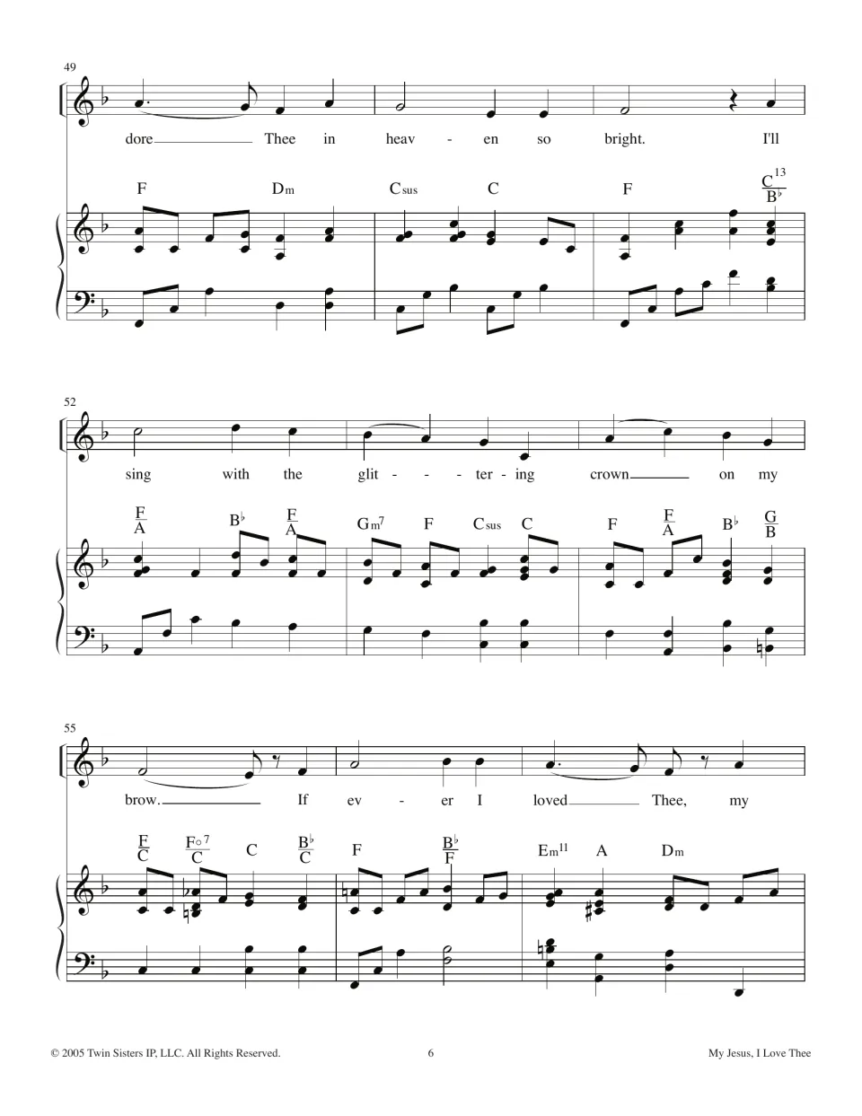Hymn score page 6: the vocal verse continues with 'I'll sing with the glittering crown on my brow'