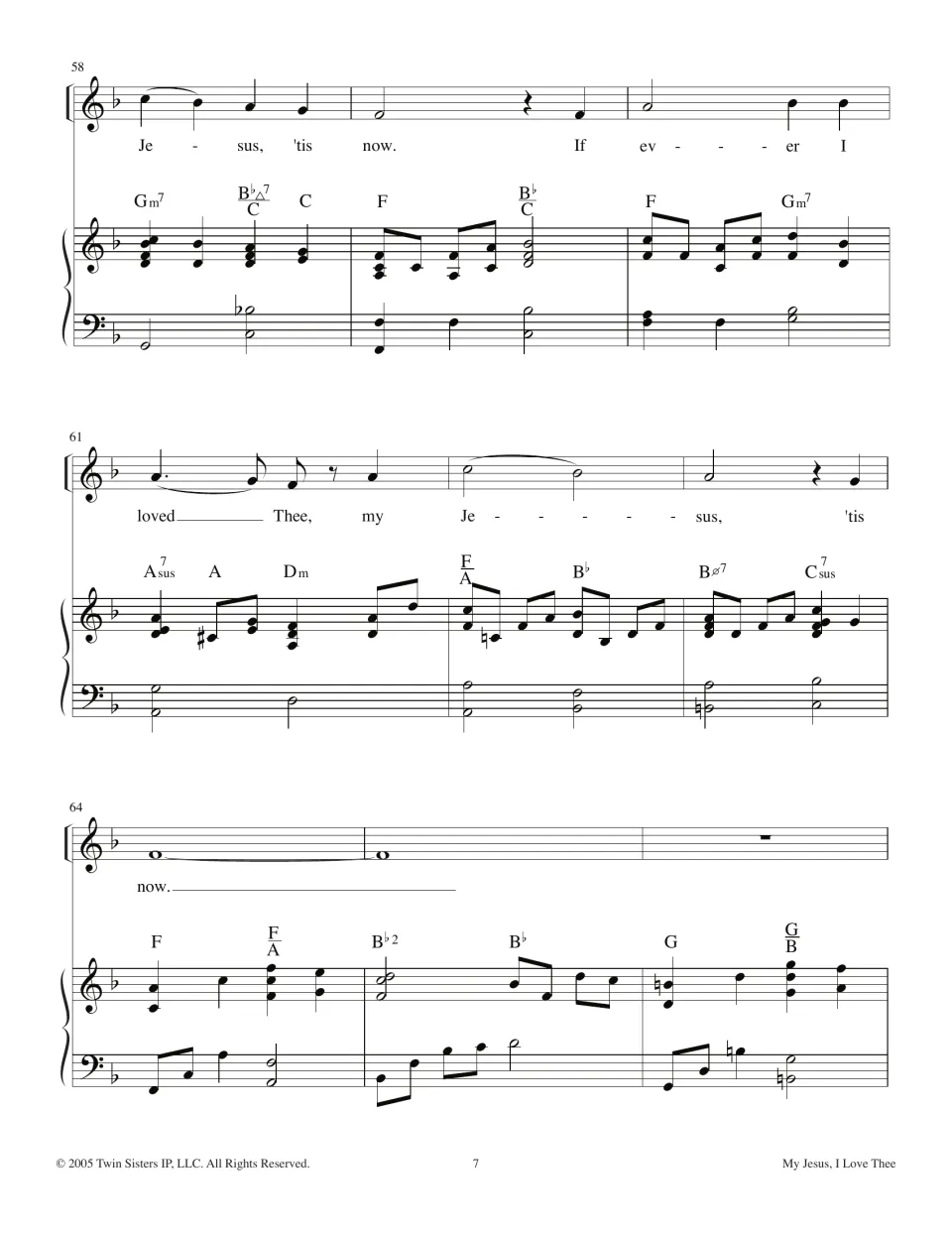 Hymn score page 7: 'If ever I loved Thee, my Jesus, 'tis now' returns before the piano closing passage
