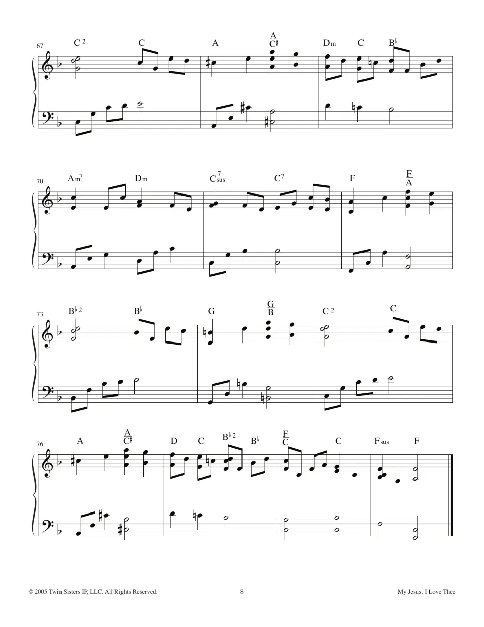 Hymn score page 8: the piano closing section continues through measures 67–79 and ends on an F chord