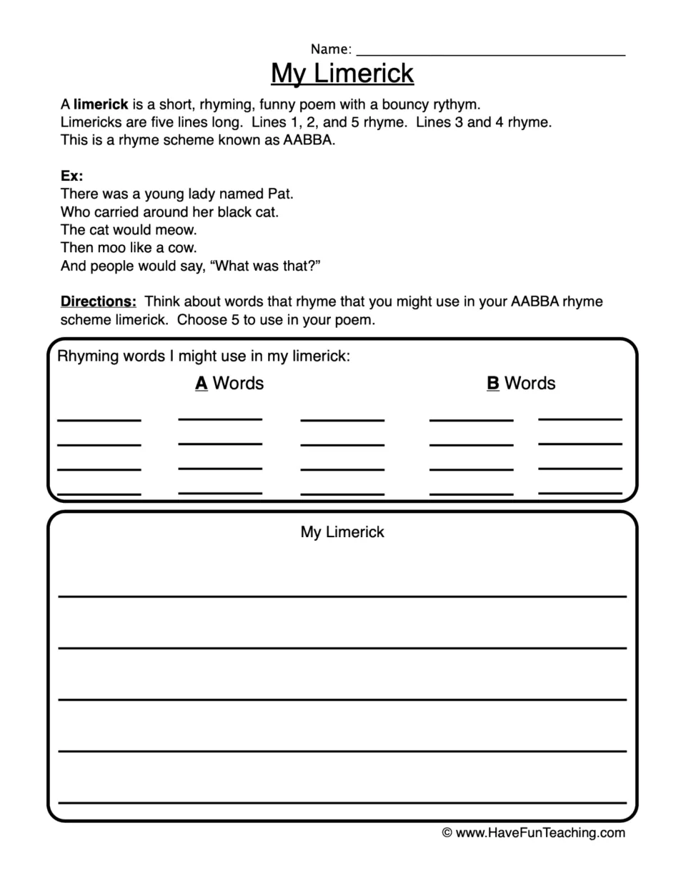 Limerick writing: students read the AABBA rhyme scheme and an example, list A and B rhyming words, then write a limerick