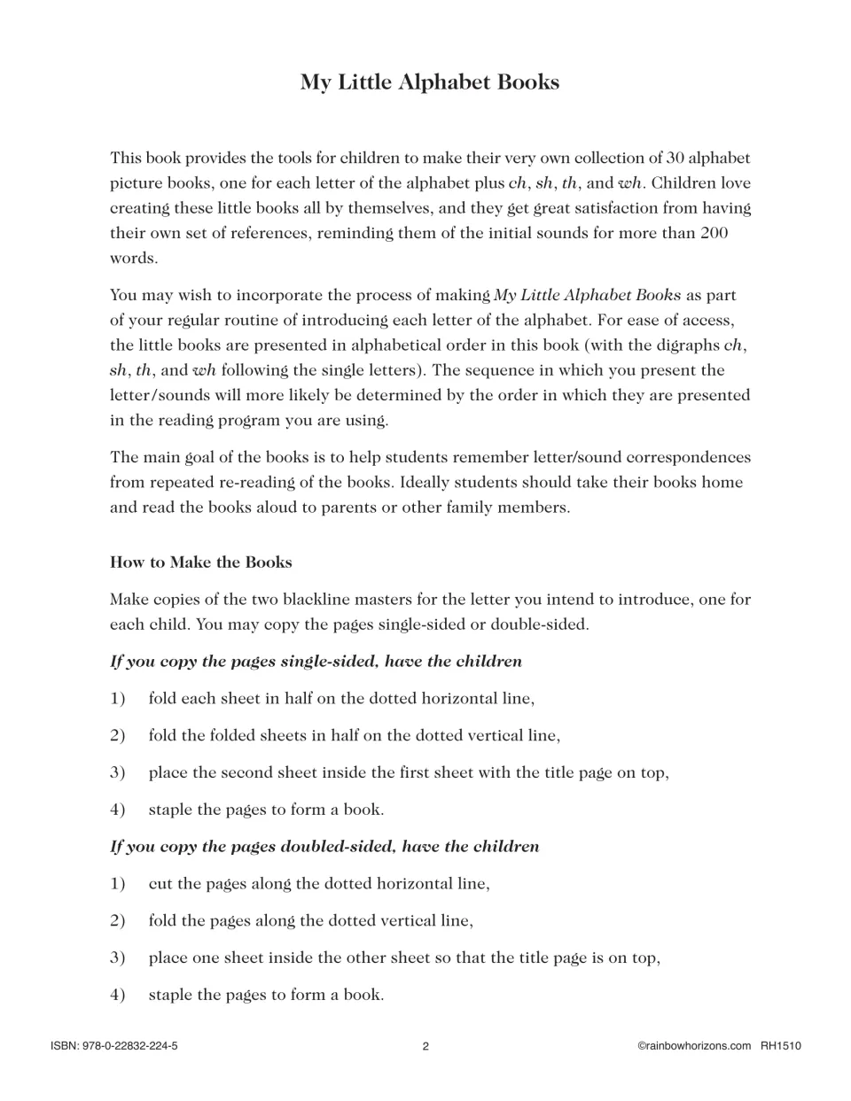 Alphabet minibook introduction and assembly directions for folding and stapling single- or double-sided copies