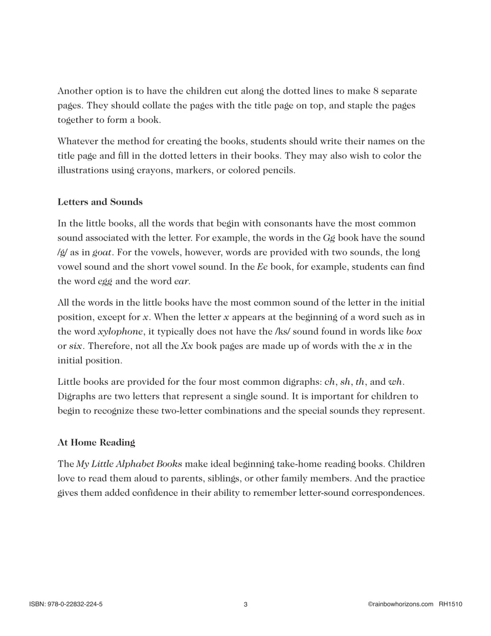 Alphabet minibook guidance on tracing, coloring, consonant and vowel sounds, four digraphs, and reading at home