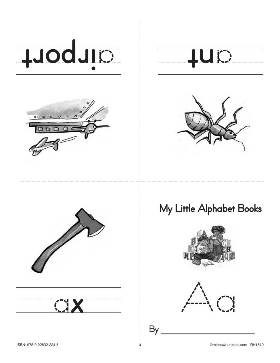 First Aa minibook sheet: a traceable letter cover and illustrated words ax, airport, and ant, four mini pages