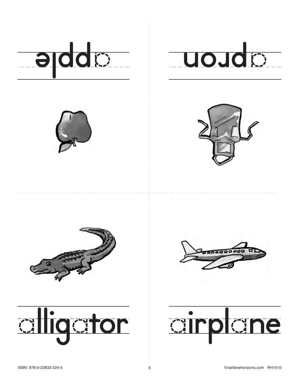Second Aa minibook sheet: four illustrated mini pages labeled apple, apron, alligator, and airplane