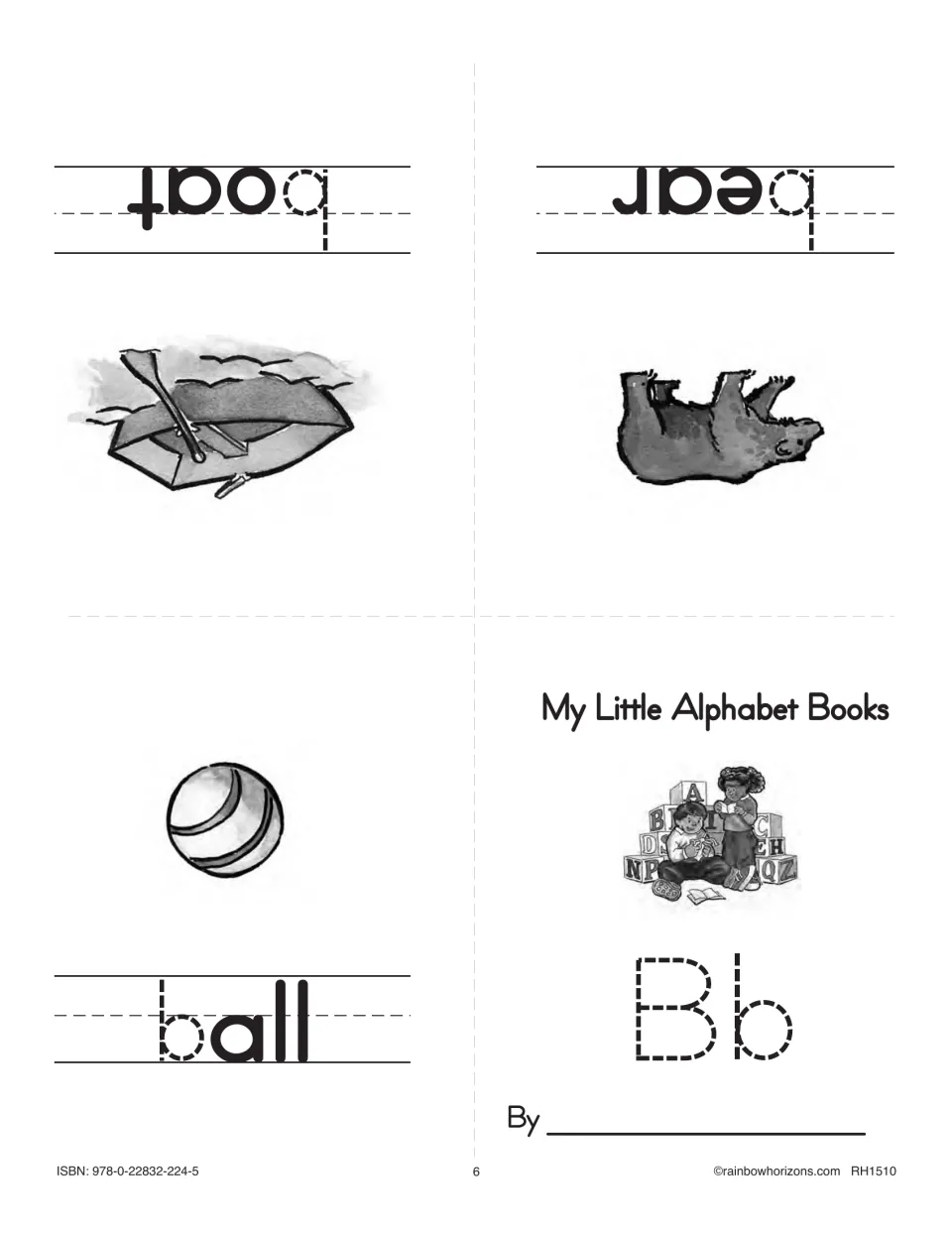 First Bb minibook sheet: a traceable letter cover and illustrated words ball, boat, and bear, four mini pages