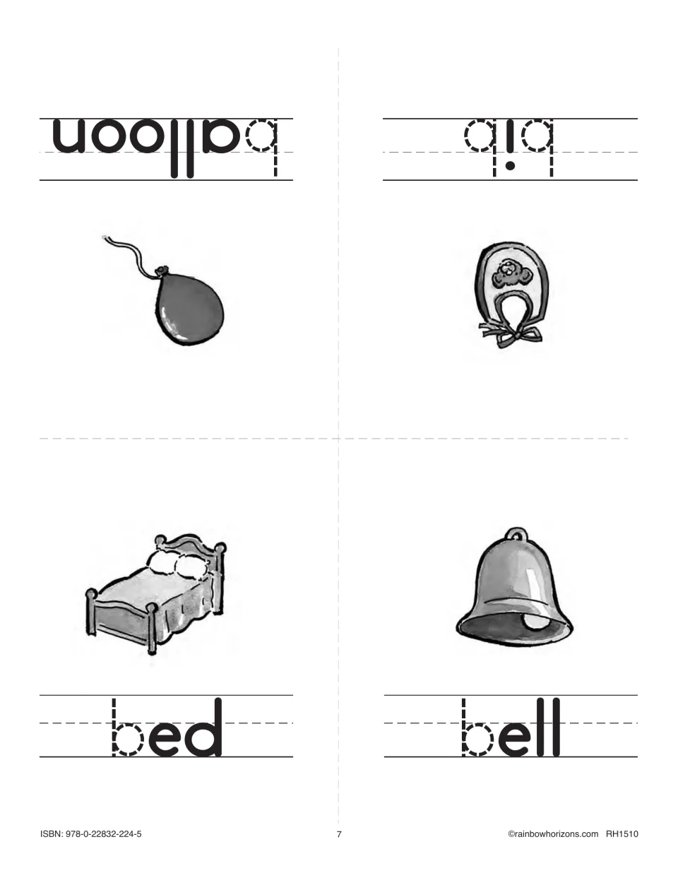 Second Bb minibook sheet: four illustrated mini pages labeled balloon, bib, bed, and bell, with traceable b