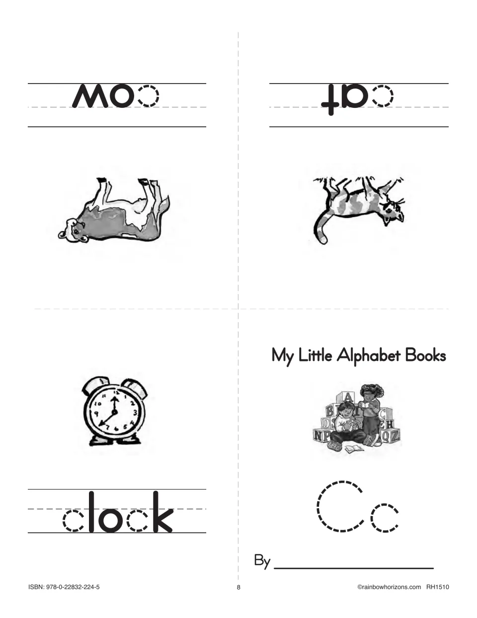 First Cc minibook sheet: a traceable letter cover and illustrated words clock, cow, and cat, four mini pages