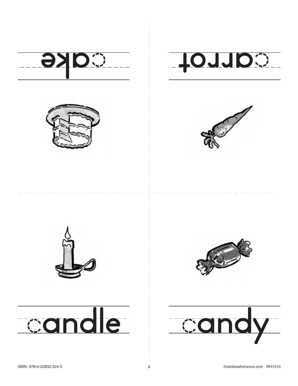 Second Cc minibook sheet: four illustrated mini pages labeled cake, carrot, candle, and candy, with traceable c