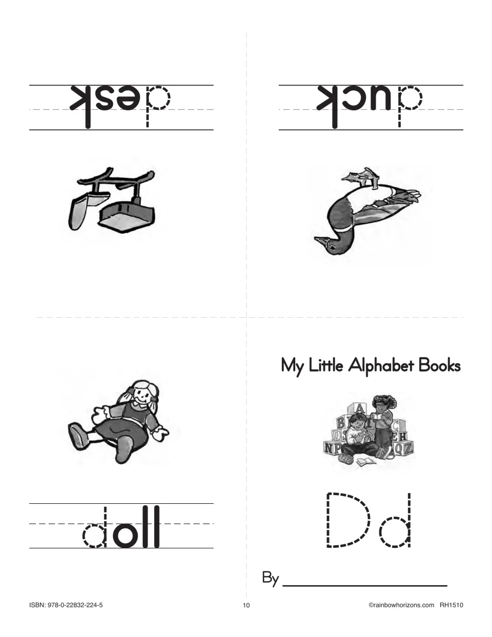 First Dd minibook sheet: a traceable letter cover and illustrated words doll, desk, and duck, four mini pages