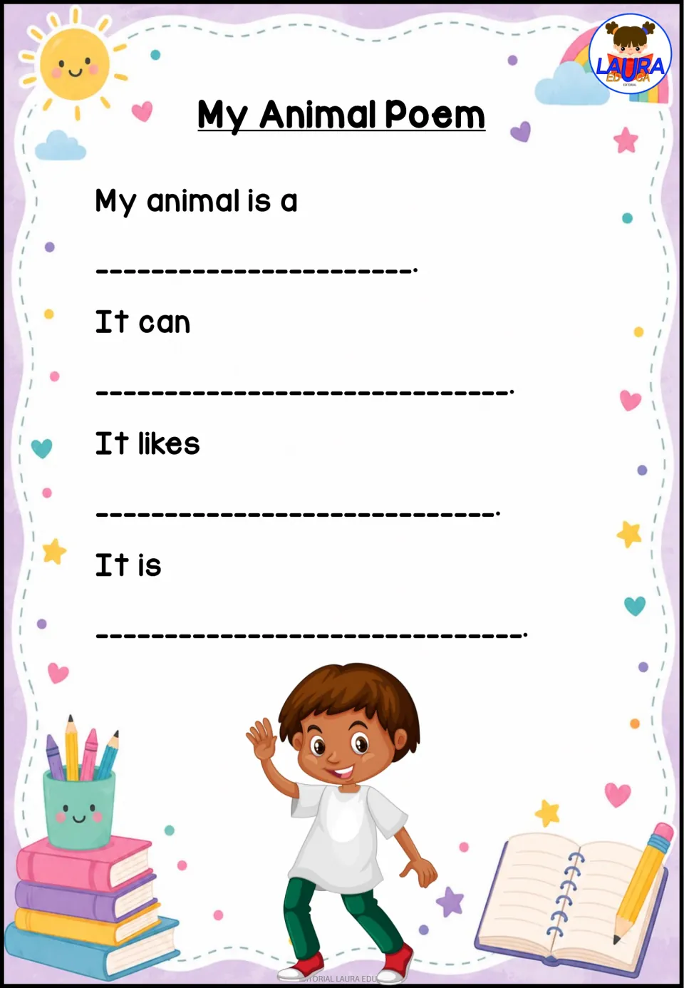 My Animal Poem: students pick an animal and write what it can do, what it likes and what it is like in four lines