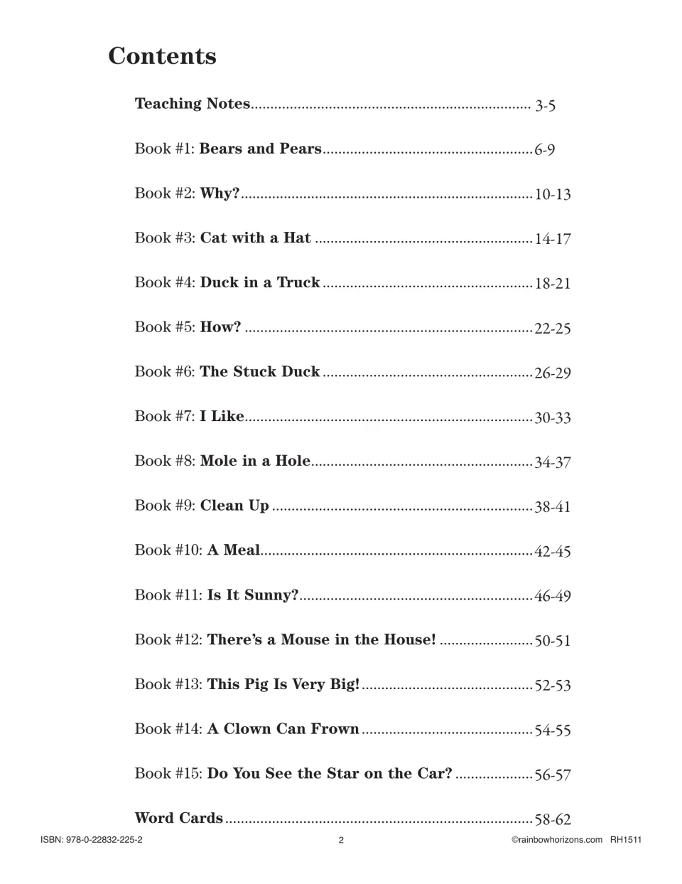 Contents lists teaching notes, 15 rhyming minibooks from Bears and Pears to Do You See the Star on the Car?