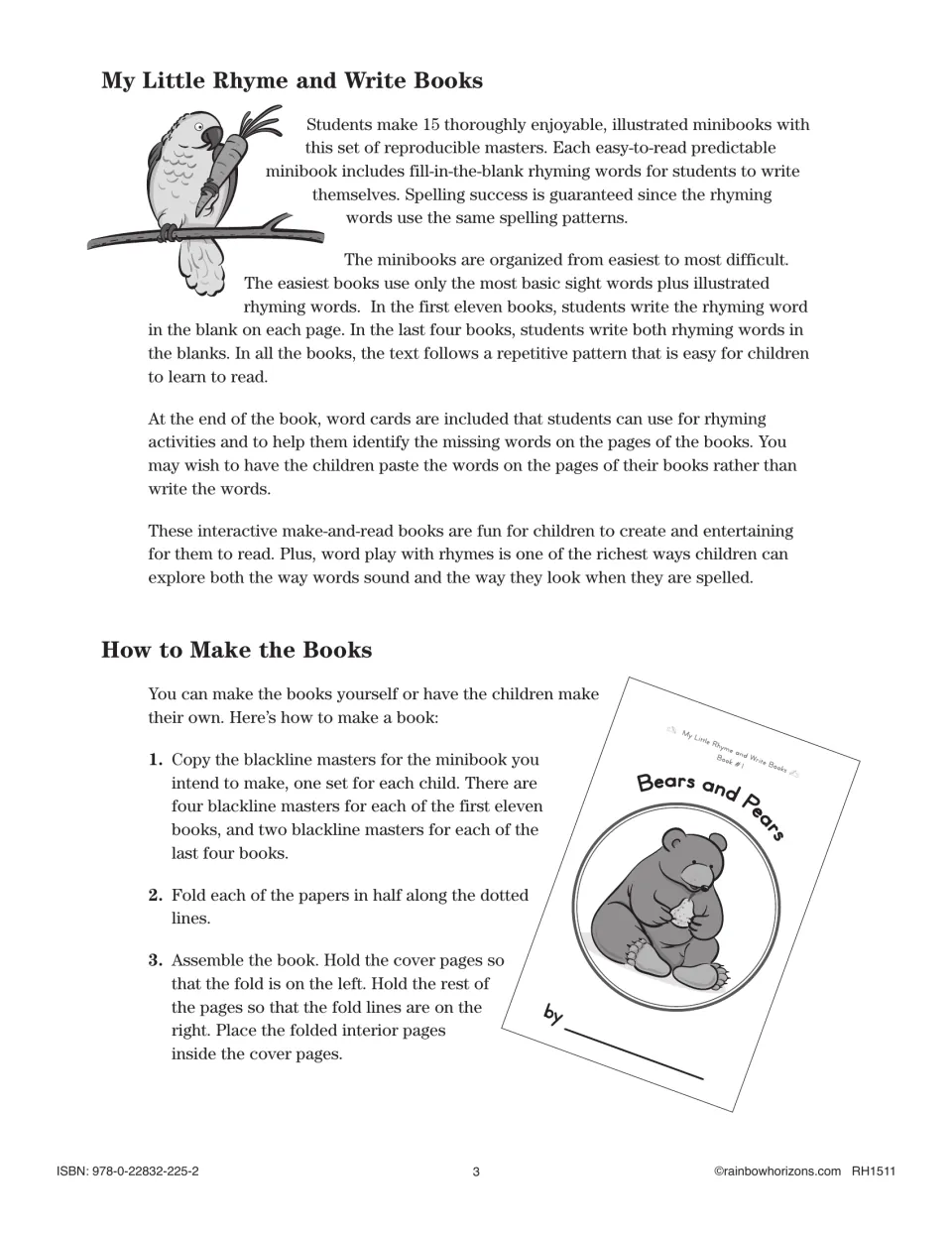 Teaching notes explain the 15 rhyming minibooks, word card support, and steps to copy, fold, and assemble