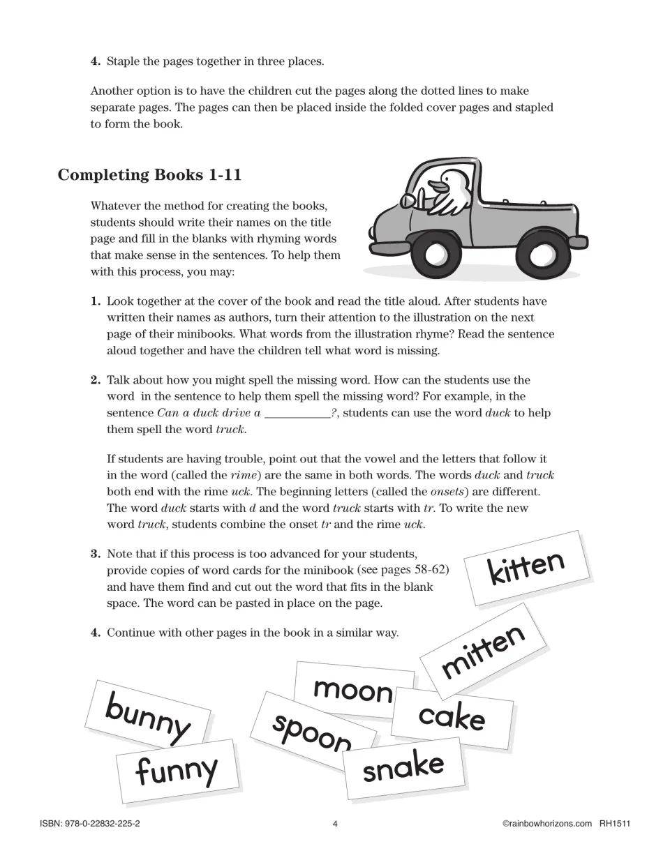Teaching notes for books 1–11 explain filling rhyming blanks, using duck to spell truck, and pasting words