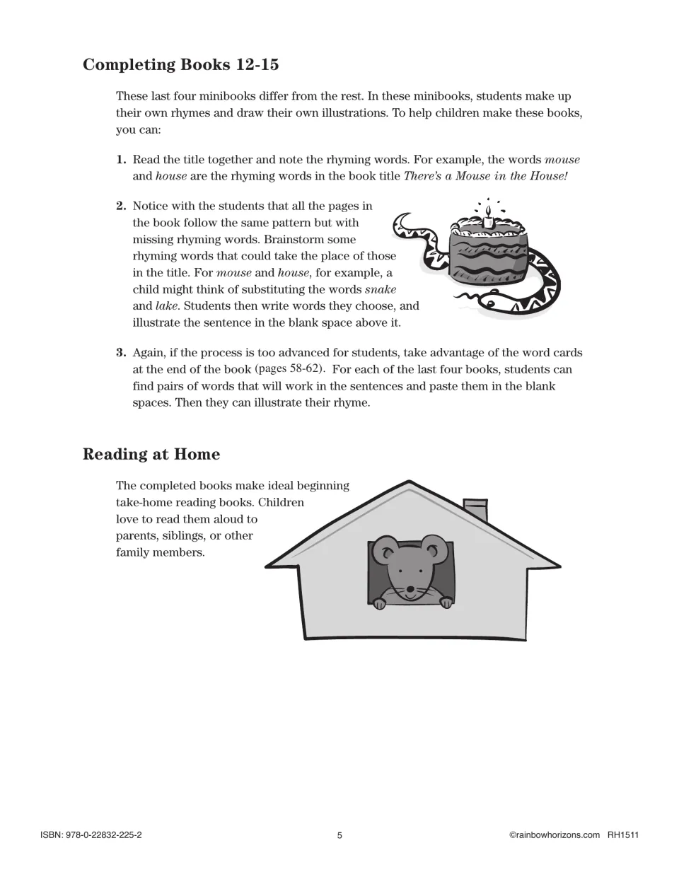 Teaching notes for books 12–15 explain creating rhymes, drawing illustrations, and reading books at home