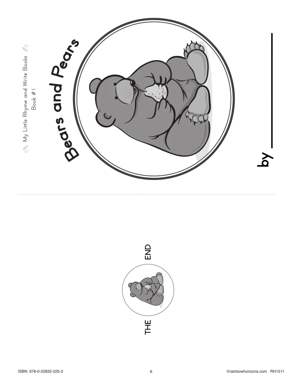 Bears and Pears minibook cover and ending page share a sheet, with a bear eating a pear and an author space