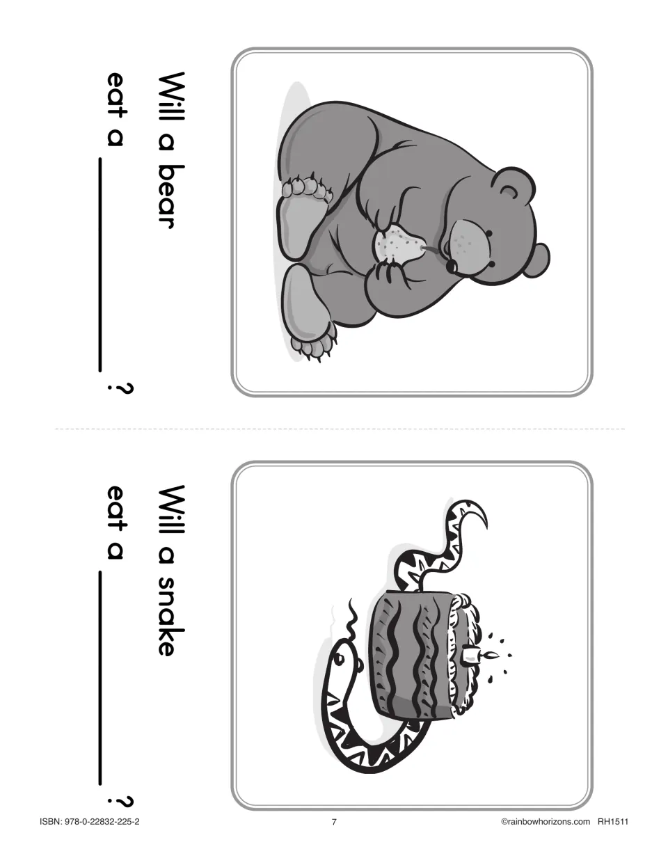 Bears and Pears minibook sheet has two rhyming prompts: Will a bear eat a ___? and Will a snake eat a ___?