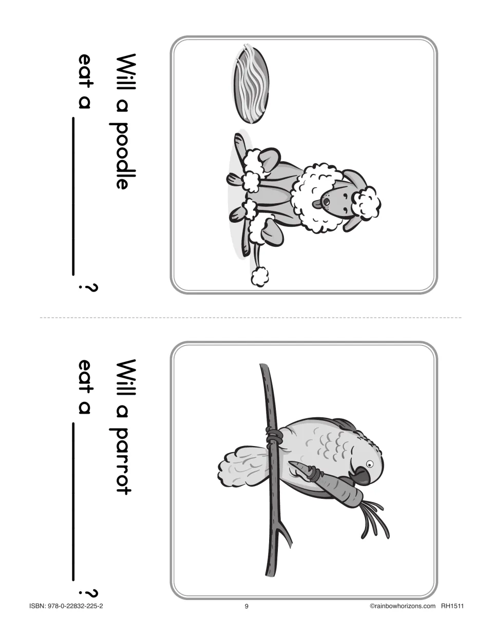 Bears and Pears minibook sheet asks what a poodle and a parrot will eat, with noodle and carrot picture clues