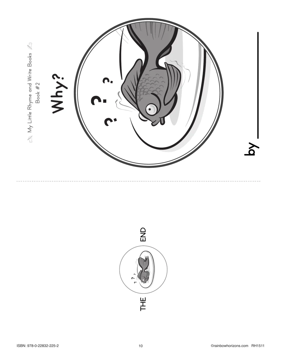 Why? minibook cover and ending page share a sheet, with a fish illustration and a space for the author's name